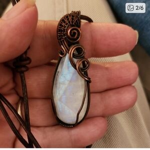 Artisan Rainbow Moonstone/copper Necklace On Leather